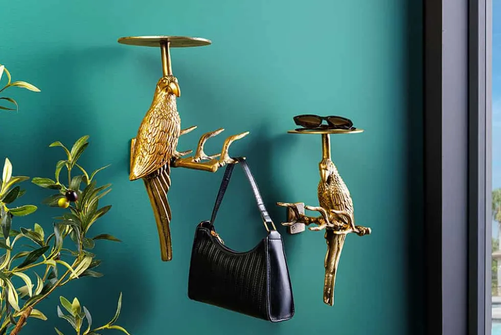 2er Set Wandgarderobe WILDLIFE BIRDS 45cm gold Metall Hammerschlag Design handmade