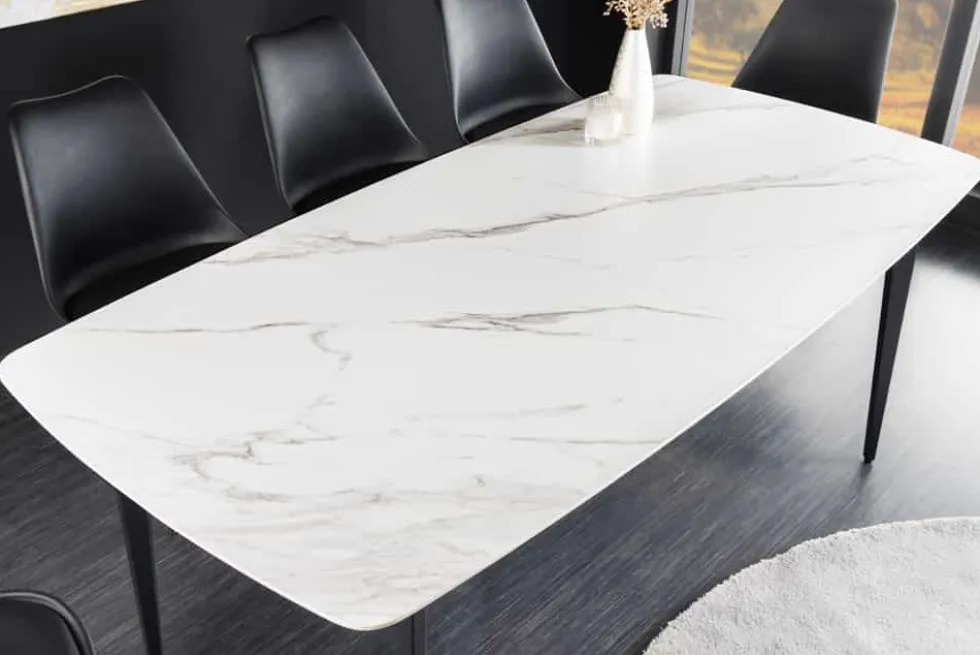 Esstisch MILANO 160cm weiß Marmor Keramik schwarzes Metallgestell