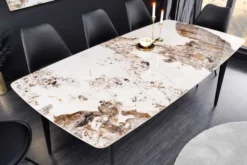 Esstisch MILANO 160cm weiß Pandora Keramik schwarzes Metallgestell