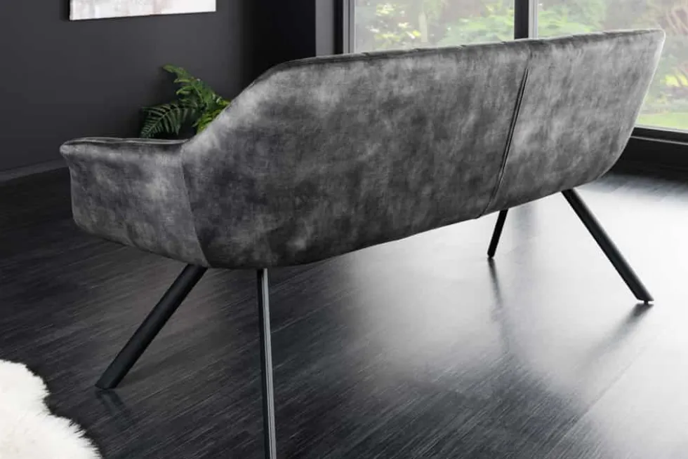 Esszimmer Sitzbank PAPILLON 165cm grau Samt mit Rückenlehne schwarzes Metallgestell
