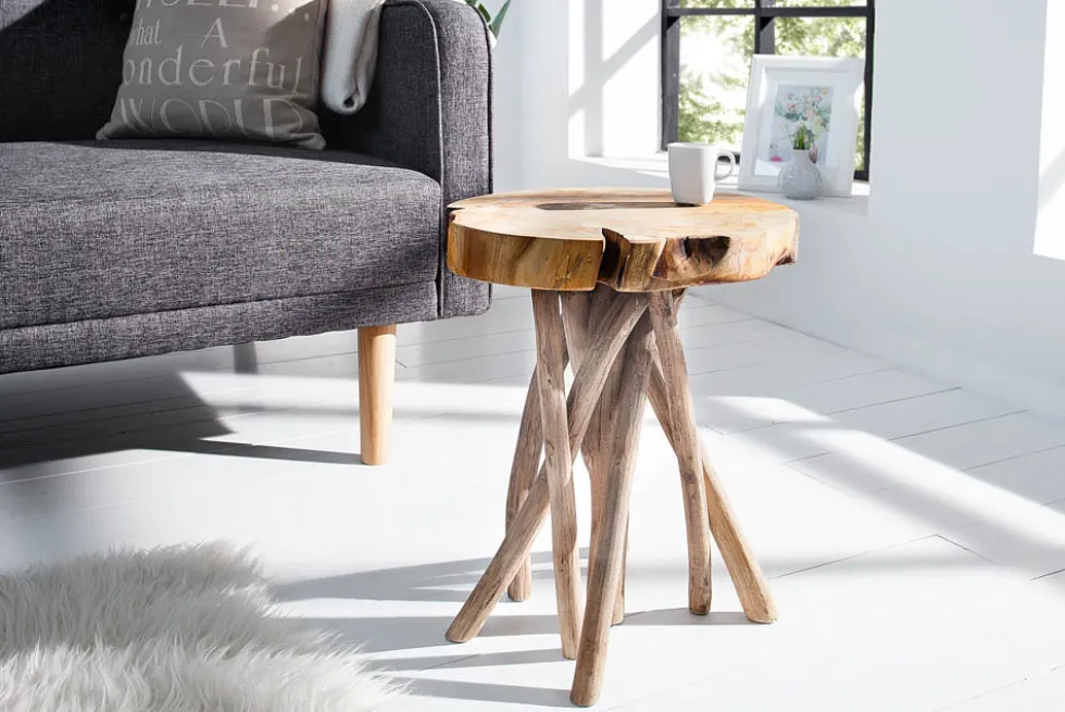 Exklusiver Beistelltisch ROOT 30cm natur Teak Massivholz Hocker Wurzelholz rund