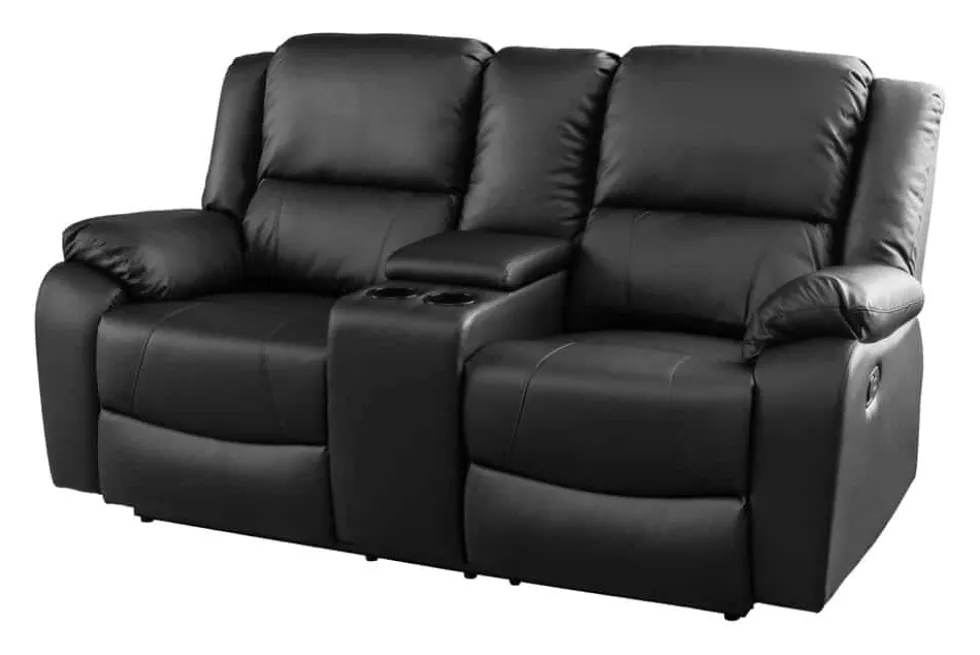 Exklusiver 2er Kinosessel HOLLYWOOD 190cm schwarz mit Liegefunktion und Getränkehalter