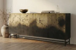 Exklusives Sideboard OXID 180cm schwarz gold massives Mangoholz Metall Soft Close