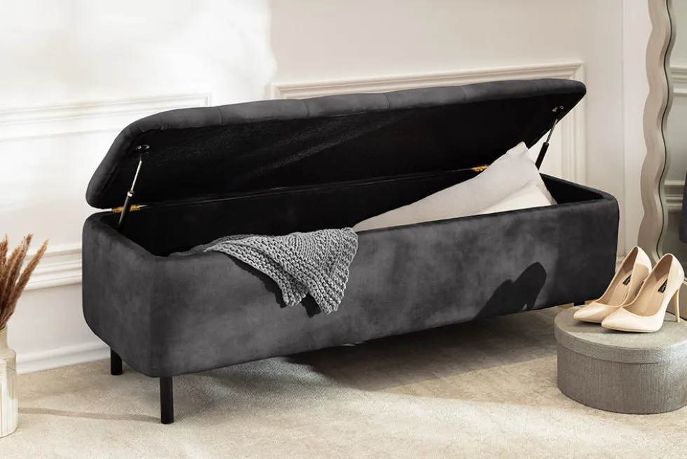 Extravagante Polsterbank EN VOGUE 120cm grau Samt mit Stauraum schwarze Metallbeine