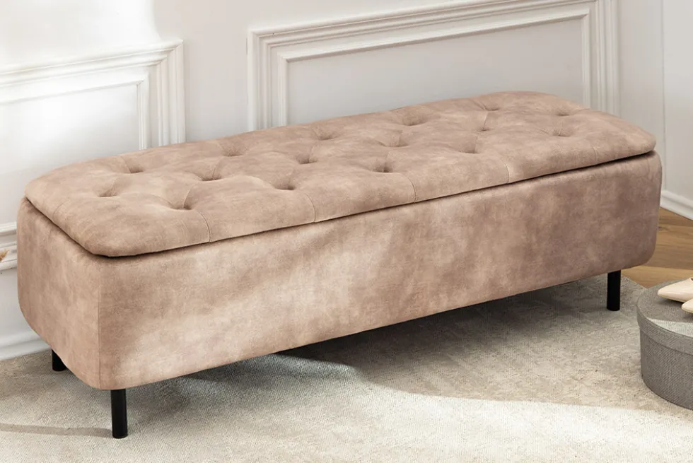 Extravagante Polsterbank EN VOGUE 120cm beige Samt mit Stauraum schwarze Metallbeine