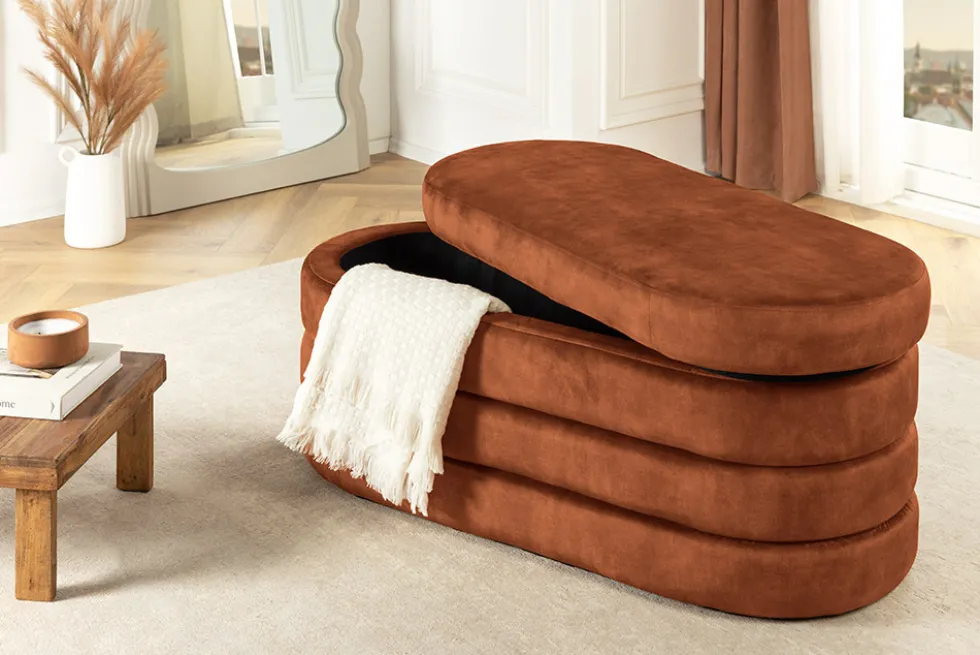 Extravagante Polsterbank VOGUE 115cm rost braun Samt Sitzbank mit Stauraum