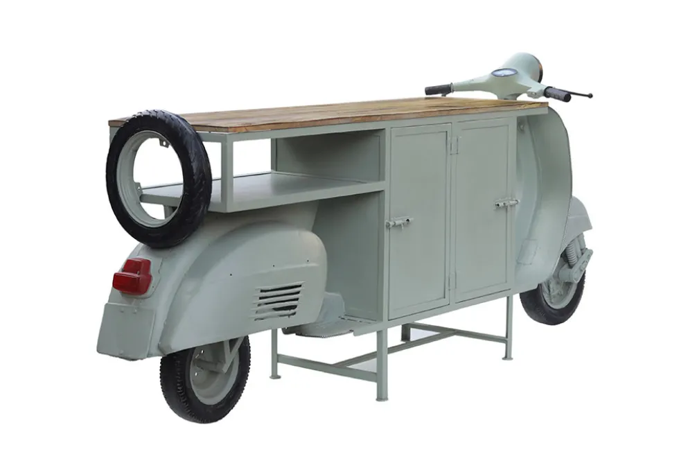 Extravaganter Barschrank SCOOTER 250cm salbei Retro-Konsole Motorroller mit Mangoholz Upcycling