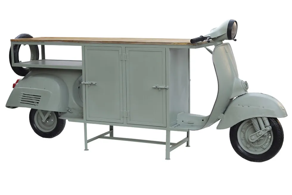 Extravaganter Barschrank SCOOTER 250cm salbei Retro-Konsole Motorroller mit Mangoholz Upcycling