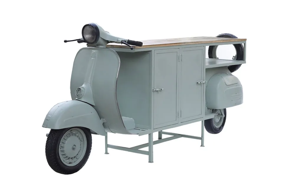 Extravaganter Barschrank SCOOTER 250cm salbei Retro-Konsole Motorroller mit Mangoholz Upcycling