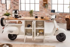 Extravaganter Barschrank SCOOTER 250cm weiß Retro-Konsole Motorroller mit Mangoholz Upcycling