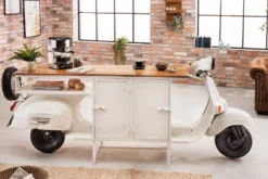 Extravaganter Barschrank SCOOTER 250cm weiß Retro-Konsole Motorroller mit Mangoholz Upcycling