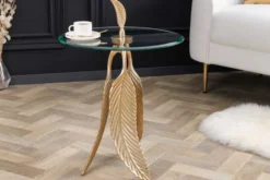 Extravaganter Beistelltisch FEATHER 65cm gold Glasplatte handmade rund