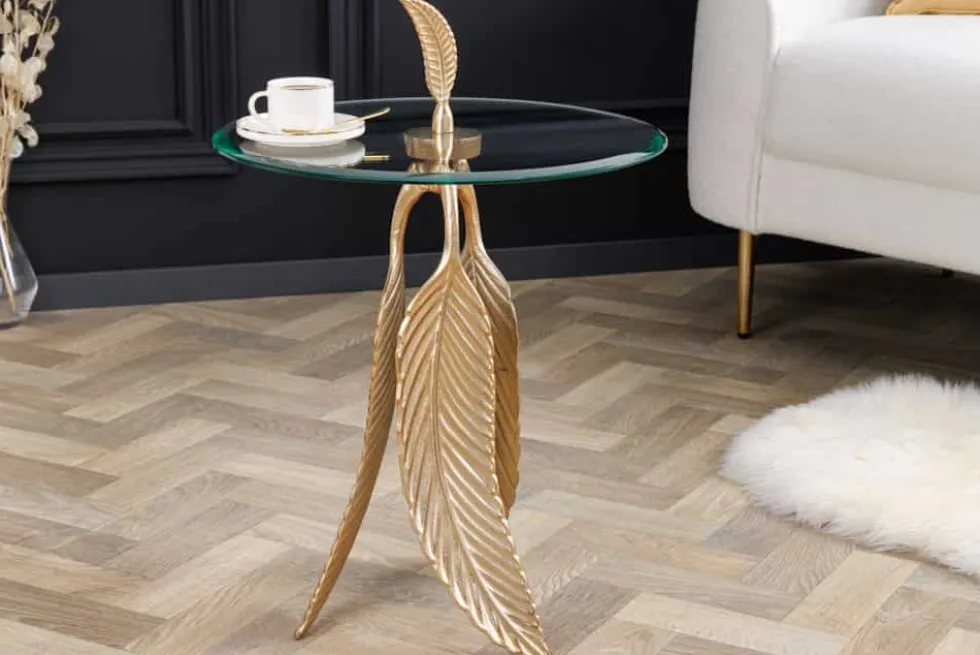 Extravaganter Beistelltisch FEATHER 65cm gold Glasplatte handmade rund