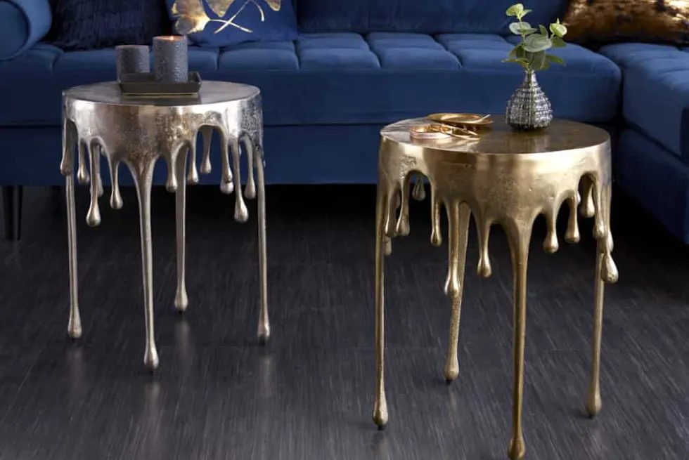 Extravaganter Beistelltisch LIQUID LINE 50cm gold Tropfen-Design Metall Aluminium rund