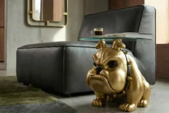 Extravaganter Couchtisch BULLDOG 55cm gold rund Hunde-Skulptur mit Glasplatte