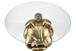 Extravaganter Couchtisch BULLDOG 55cm gold rund Hunde-Skulptur mit Glasplatte