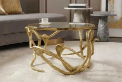 Extravaganter Couchtisch SNAKE 70cm gold rund Metall Schlangen-Skulptur Glasplatte