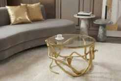 Extravaganter Couchtisch SNAKE 70cm gold rund Metall Schlangen-Skulptur Glasplatte