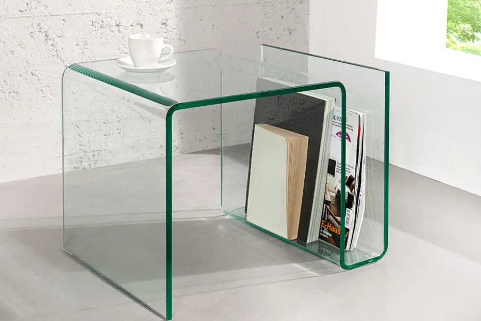 Extravaganter Glas Couchtisch FANTOME 50cm Beistelltisch mit Ablage für Magazine transparent