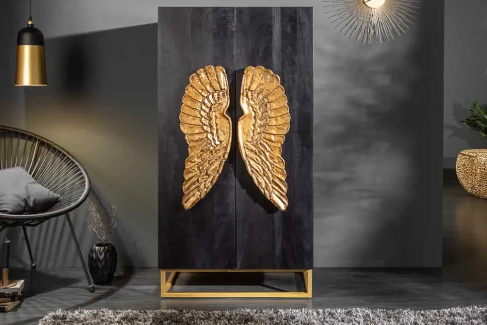 Extravagantes Highboard ANGEL 140cm schwarz Mangoholz mit goldenen Flügeln