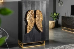 Extravagantes Highboard ANGEL 140cm schwarz Mangoholz mit goldenen Flügeln