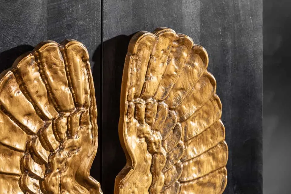 Extravagantes Highboard ANGEL 140cm schwarz Mangoholz mit goldenen Flügeln