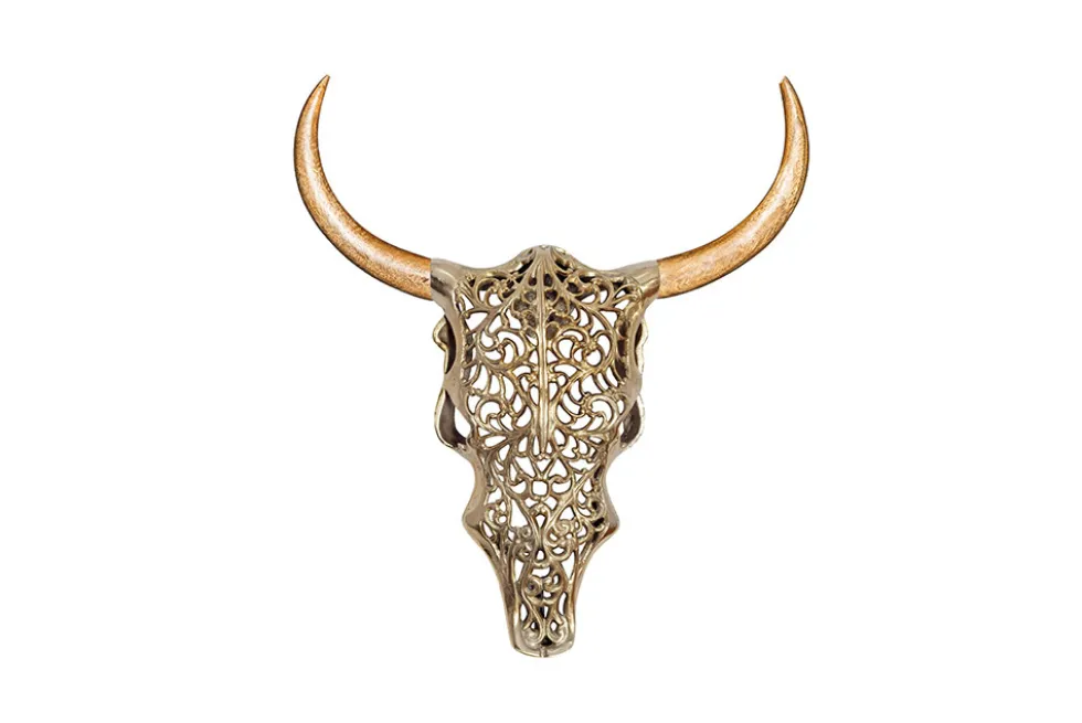 Extravagante Wanddekoration EXOTIC BULL 60cm gold Mangoholz Stierkopf