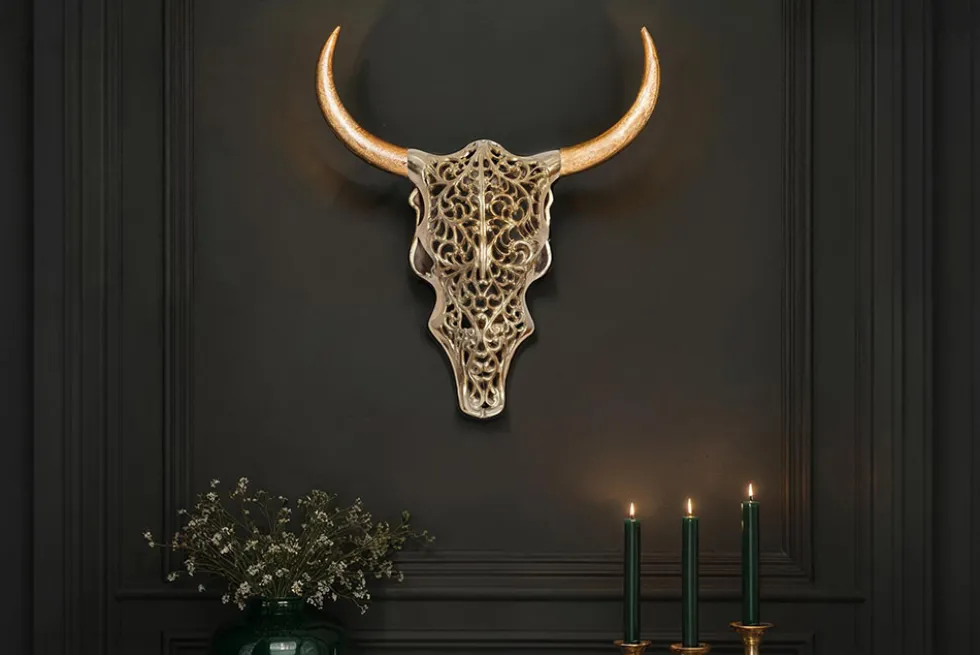 Extravagante Wanddekoration EXOTIC BULL 60cm gold Mangoholz Stierkopf