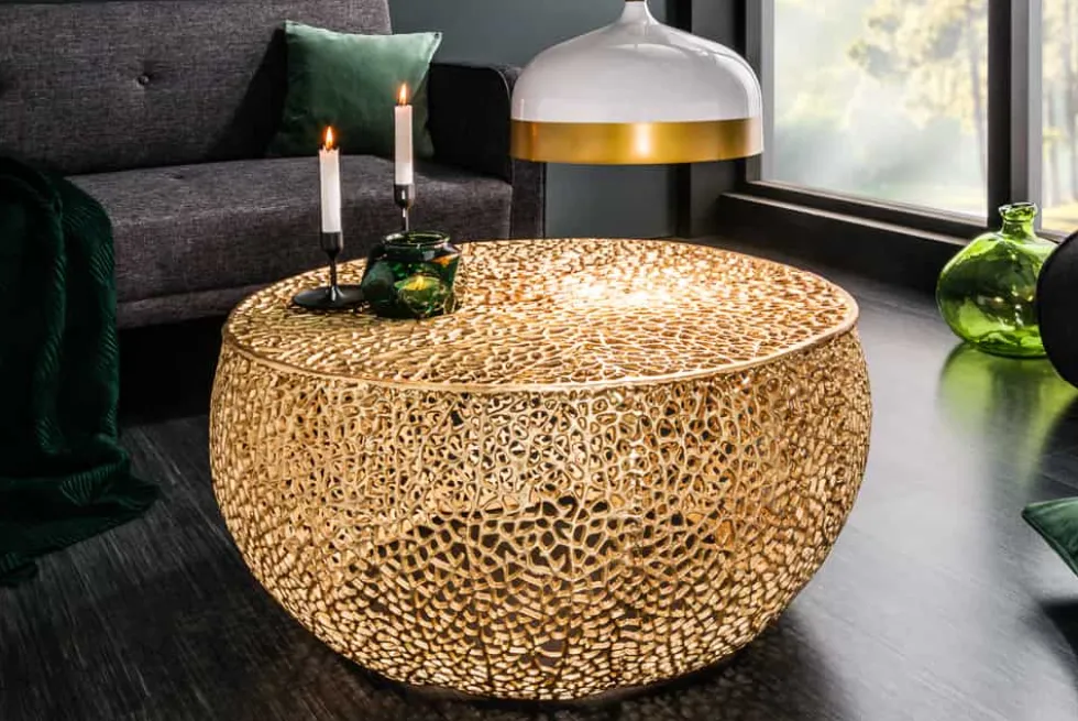 Filigraner Couchtisch LEAF 80cm gold Metall handmade Blatt-Design