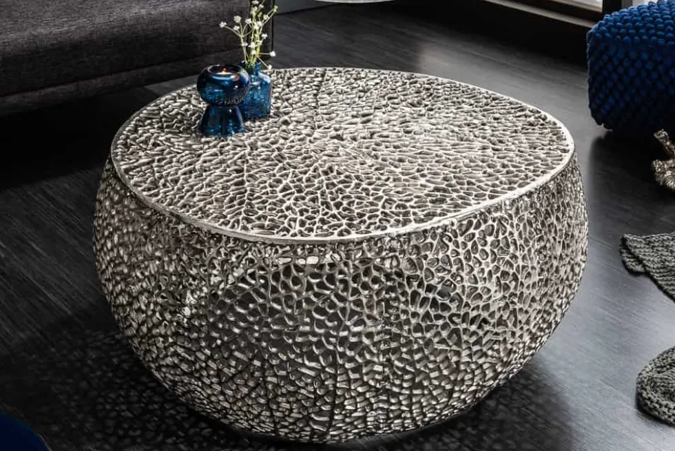 Filigraner Couchtisch LEAF 80cm silber Metall handmade Blatt-Design