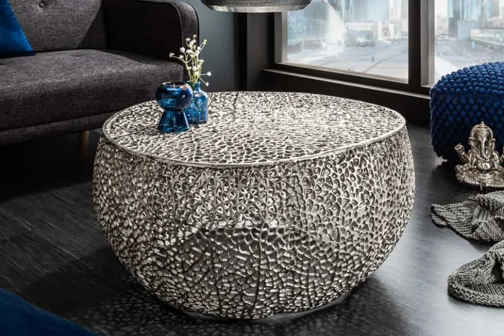 Filigraner Couchtisch LEAF 80cm silber Metall handmade Blatt-Design
