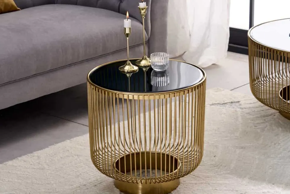 Filigraner Design Beistelltisch VARIATION 50cm gold Metall rund Schwarzglas Handarbeit