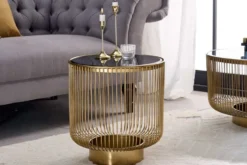 Filigraner Design Beistelltisch VARIATION 50cm gold Metall rund Schwarzglas Handarbeit