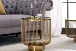 Filigraner Design Beistelltisch VARIATION 50cm gold Metall rund Schwarzglas Handarbeit