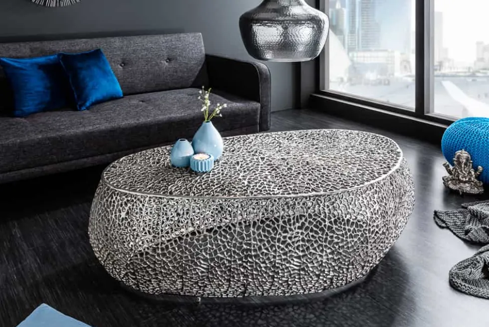 Filigraner Design Couchtisch ABSTRACT LEAF 130cm silber Handarbeit