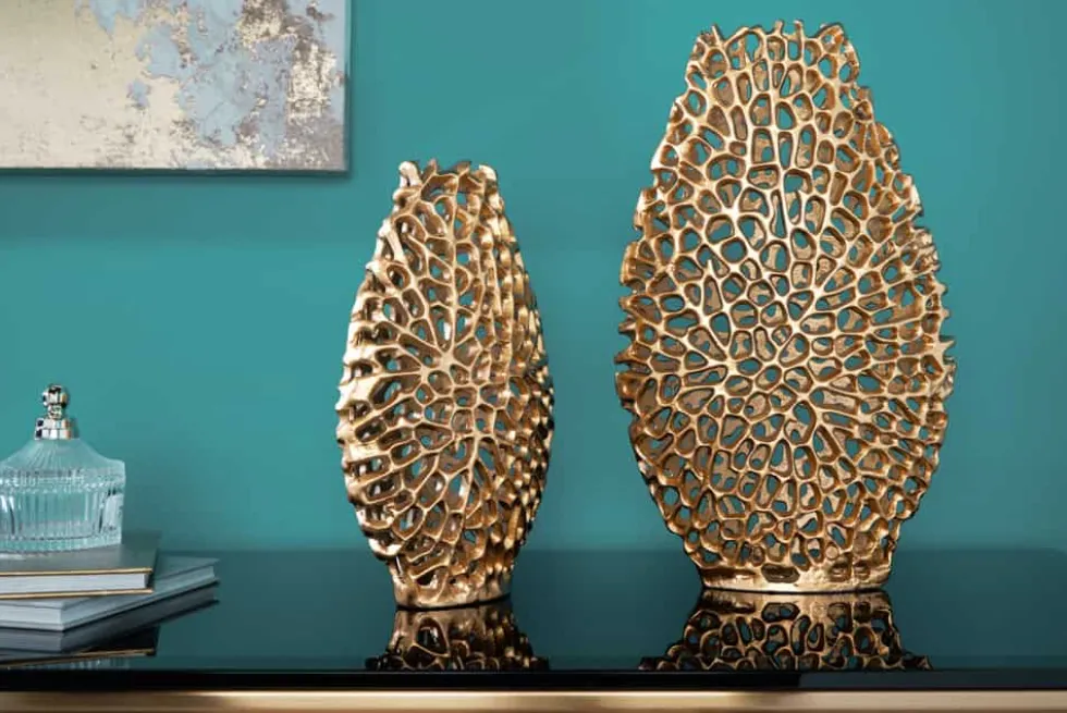Filigranes Vasen 2er Set ABSTRACT LEAF 40cm gold Handarbeit