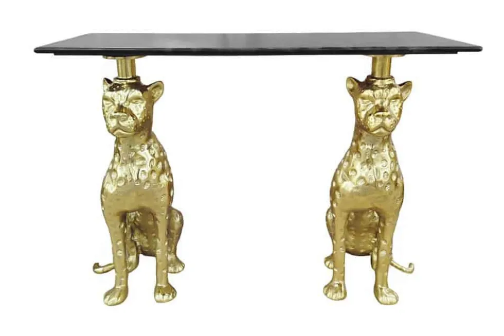 Freistehender Konsolentisch PANTHER 115cm gold Metall mit Marmor-Platte handmade