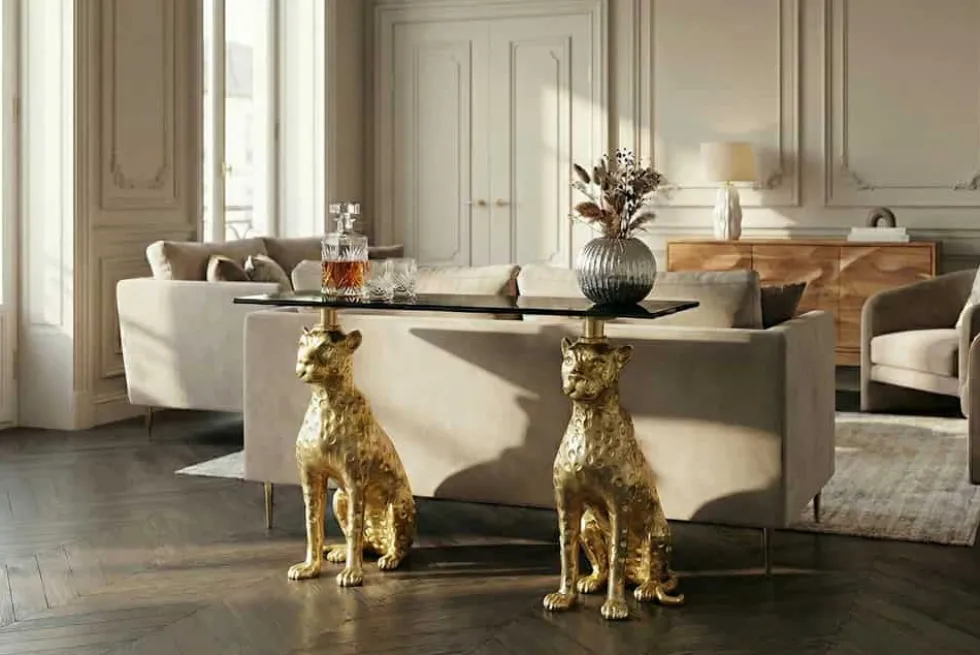 Freistehender Konsolentisch PANTHER 115cm gold Metall mit Marmor-Platte handmade