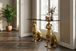 Freistehender Konsolentisch PANTHER 115cm gold Metall mit Marmor-Platte handmade