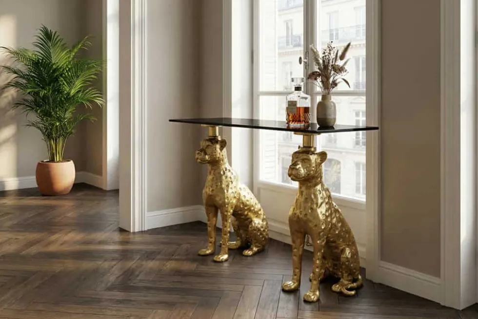 Freistehender Konsolentisch PANTHER 115cm gold Metall mit Marmor-Platte handmade