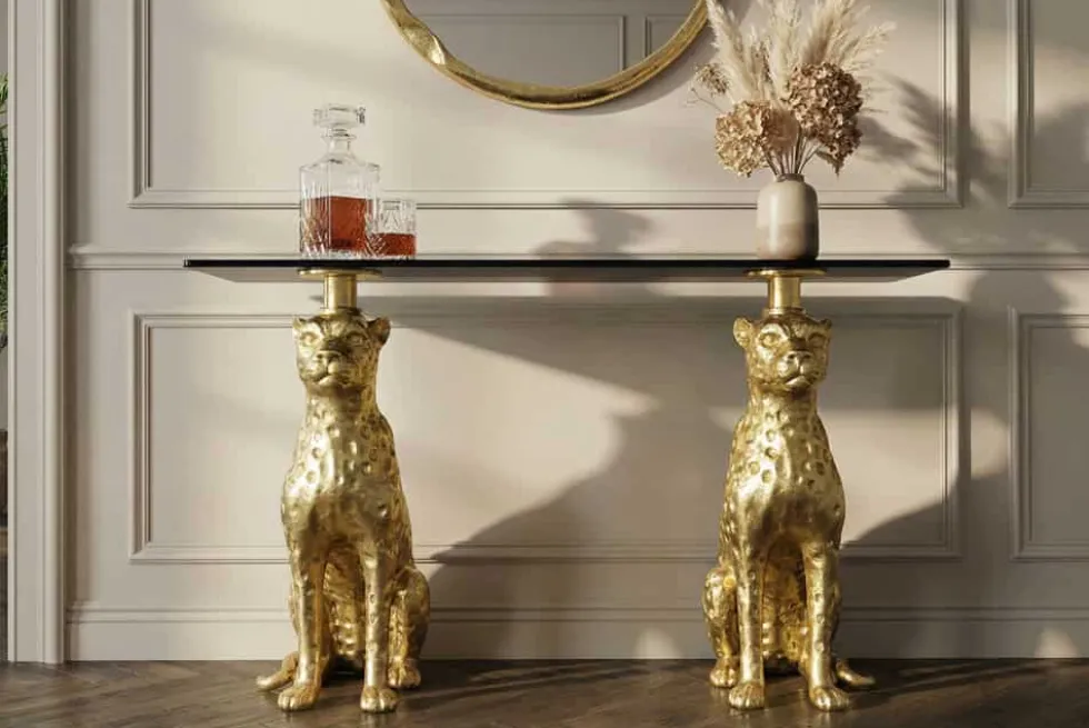 Freistehender Konsolentisch PANTHER 115cm gold Metall mit Marmor-Platte handmade