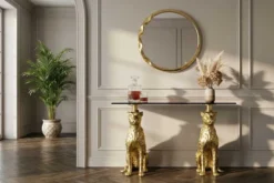 Freistehender Konsolentisch PANTHER 115cm gold Metall mit Marmor-Platte handmade