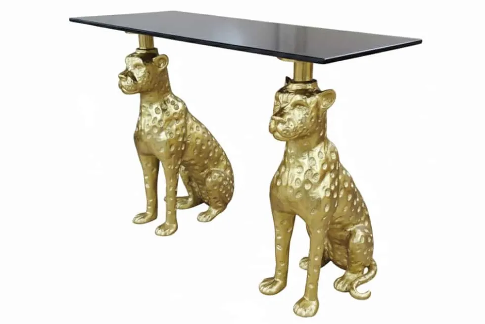 Freistehender Konsolentisch PANTHER 115cm gold Metall mit Marmor-Platte handmade