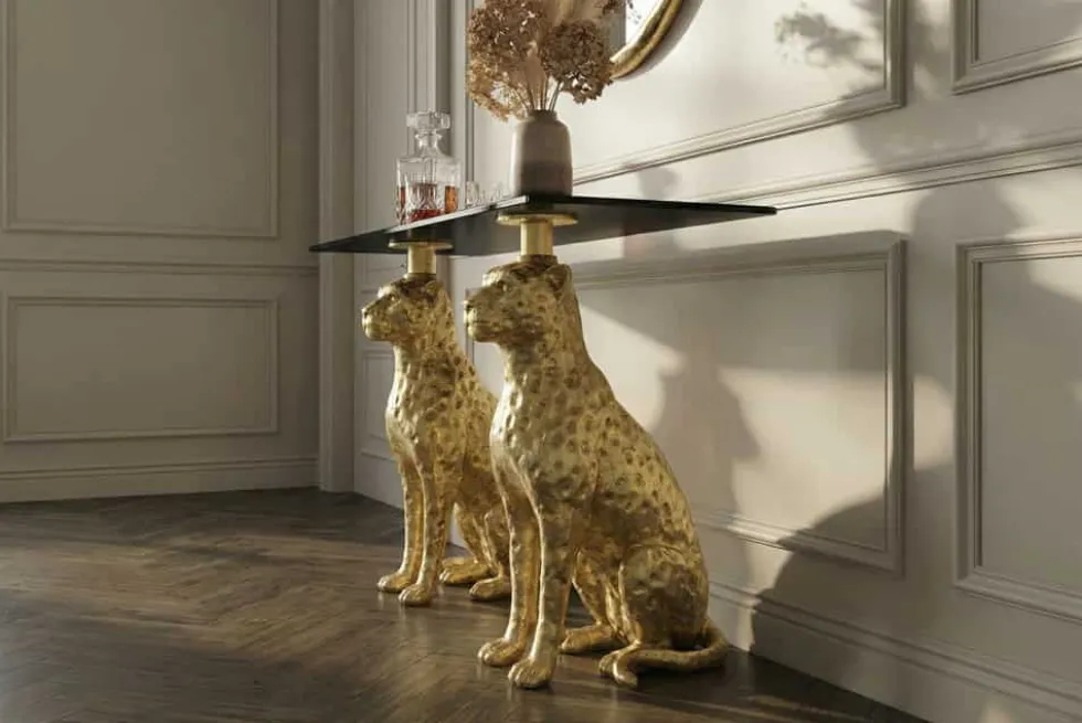 Freistehender Konsolentisch PANTHER 115cm gold Metall mit Marmor-Platte handmade