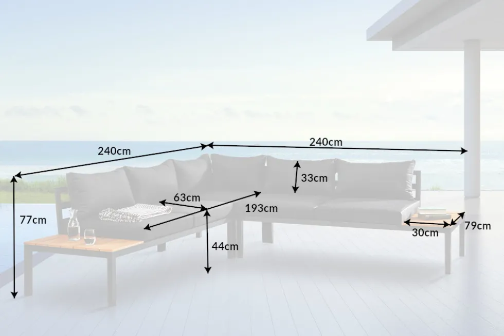 Große Garten Sitzgruppe MIAMI LOUNGE 240cm anthrazit Aluminium wetterfest Outdoor inkl. Kissen
