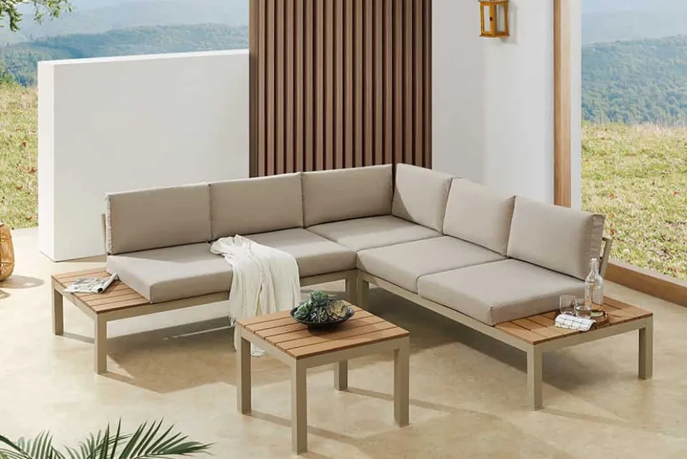 Große Garten Sitzgruppe MIAMI LOUNGE 240cm champagner greige Aluminium wetterfest Outdoor inkl. Kissen