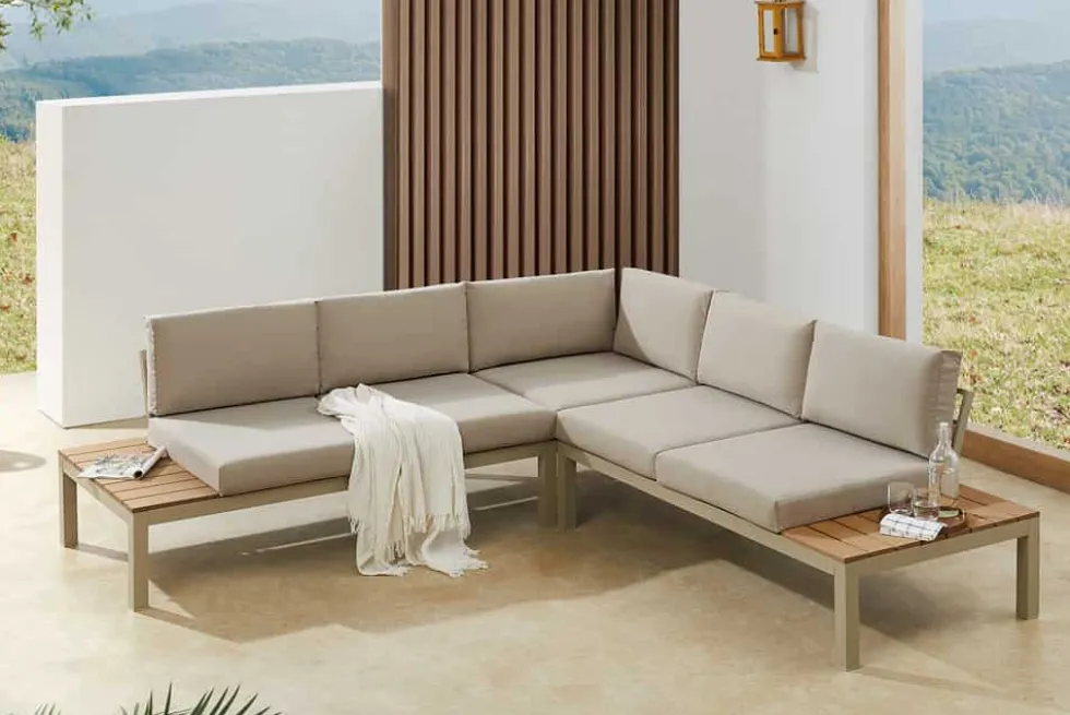 Große Garten Sitzgruppe MIAMI LOUNGE 240cm champagner greige Aluminium wetterfest Outdoor inkl. Kissen