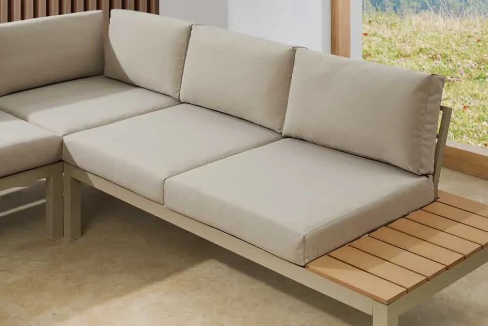 Große Garten Sitzgruppe MIAMI LOUNGE 240cm champagner greige Aluminium wetterfest Outdoor inkl. Kissen