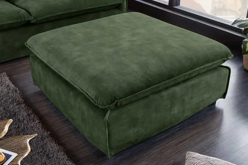Großer Hussenhocker HEAVEN 100cm dunkelgrün Samt Landhausstil Sofahocker waschbarer Bezug