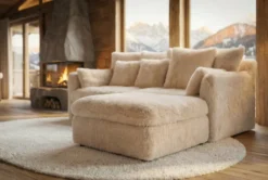 Großer Sitzhocker YETI 100cm beige sand Shaggy-Stoff langfloriger Plüsch Sofahocker